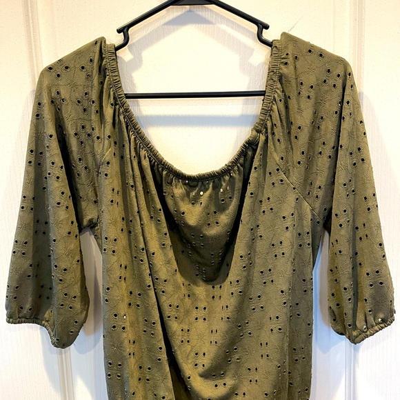 No Boundaries Perforated Drawstring Blouse with Wooden Button Design Olive Green - Picture 2 of 6